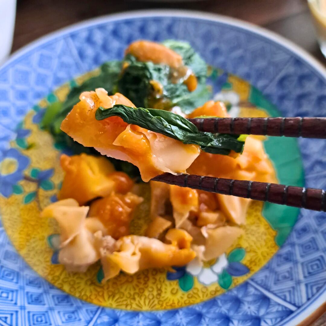 小松菜とつぶ貝の酢味噌がけ