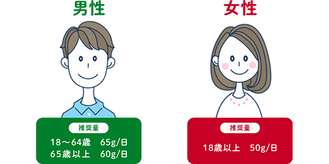 推奨量 男性 18～64歳 65g/日、65歳以上 60g/日 - 女性 18歳以上 50g/日